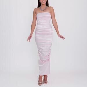 AMAZING MAE Pink Ruched Strapless Satin Maxi Dress